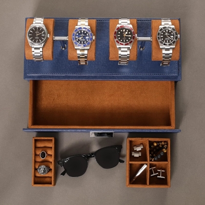 ROTHWELL Casilla de exhibición de relojes de lujo para 4 relojes ¢ Caja de relojes de cuero con cubierta acrílica y deslizador extraíble en cojines