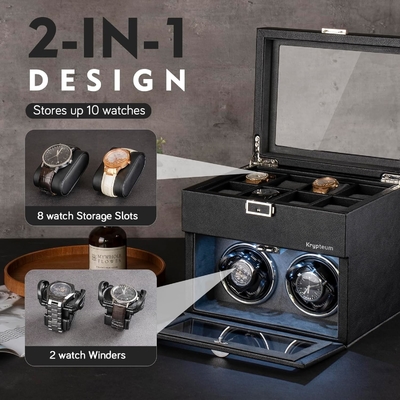 Doble Automático de Reloj de Enrollamiento con 8 caja de almacenamiento extra, Doble Automático de Reloj de Enrollamiento de caja con organizador de joyas,