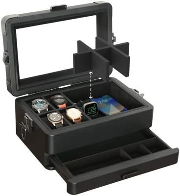 CASE ELEGANCE Militar 10 Slot Cuadro de relojes organizador de caja para hombres, tapa de vidrio de verdad, bandeja de servicio modular,