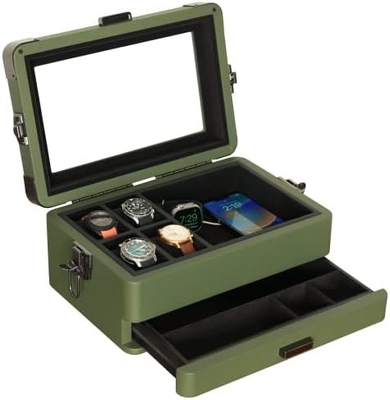 CASE ELEGANCE Militar 10 Slot Cuadro de relojes organizador de caja para hombres, tapa de vidrio de verdad, bandeja de servicio modular,