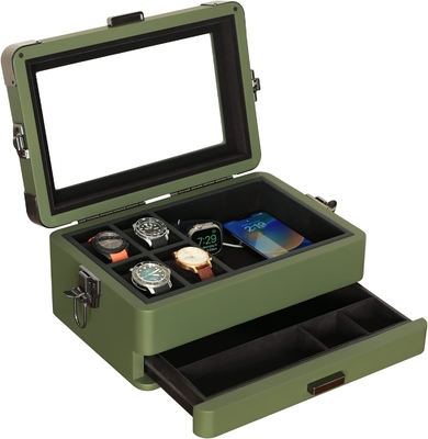 CASE ELEGANCE Militar 10 Slot Cuadro de relojes organizador de caja para hombres, tapa de vidrio de verdad, bandeja de servicio modular,