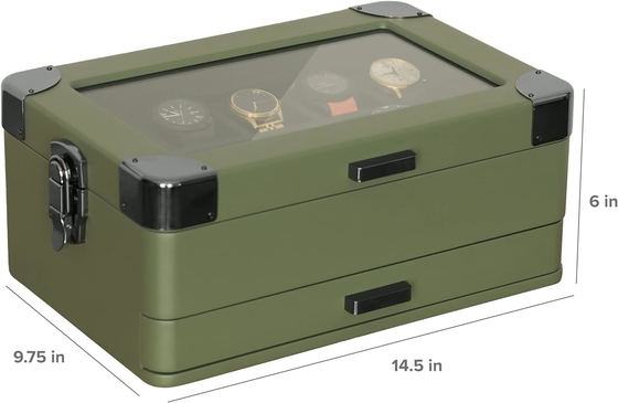 CASE ELEGANCE Militar 10 Slot Cuadro de relojes organizador de caja para hombres, tapa de vidrio de verdad, bandeja de servicio modular,