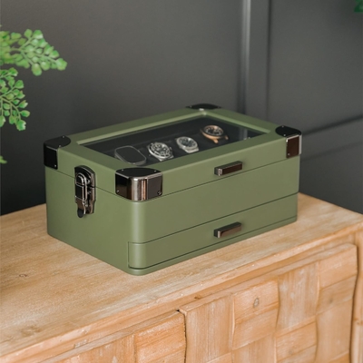CASE ELEGANCE Militar 10 Slot Cuadro de relojes organizador de caja para hombres, tapa de vidrio de verdad, bandeja de servicio modular,