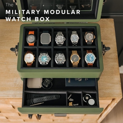 CASE ELEGANCE Militar 10 Slot Cuadro de relojes organizador de caja para hombres, tapa de vidrio de verdad, bandeja de servicio modular,