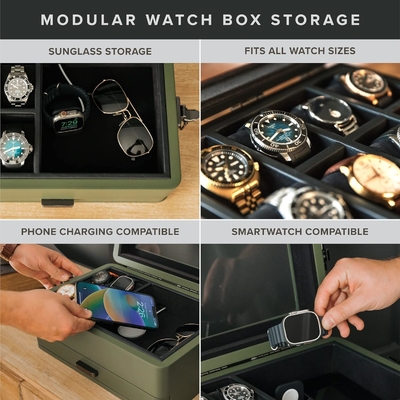 CASE ELEGANCE Militar 10 Slot Cuadro de relojes organizador de caja para hombres, tapa de vidrio de verdad, bandeja de servicio modular,