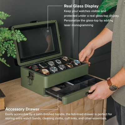 CASE ELEGANCE Militar 10 Slot Cuadro de relojes organizador de caja para hombres, tapa de vidrio de verdad, bandeja de servicio modular,