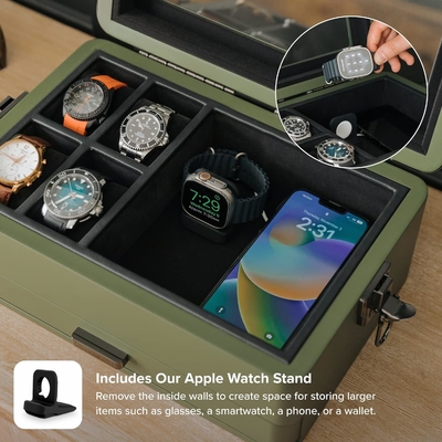 CASE ELEGANCE Militar 10 Slot Cuadro de relojes organizador de caja para hombres, tapa de vidrio de verdad, bandeja de servicio modular,