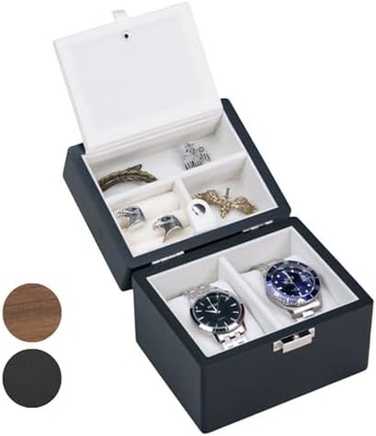 Caja de relojes, caja de viaje de relojes para hombres, relojes de madera y organizador de portajoyas para mujer, protección portátil de 2 ranuras