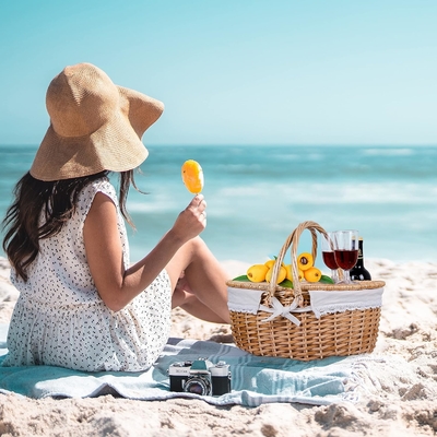 Cesta de picnic con tapa y mango cuerpo tejido resistente con revestimiento lavable para Pascua, Día de la Madre, Camping al aire libre