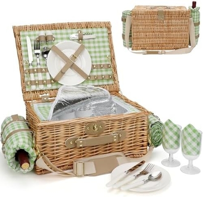 Cesta de picnic con tapa y mango cuerpo tejido resistente con revestimiento lavable para Pascua, Día de la Madre, Camping al aire libre