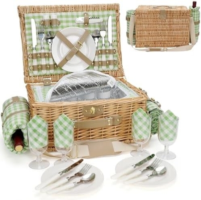 Cesta de picnic con tapa y mango cuerpo tejido resistente con revestimiento lavable para Pascua, Día de la Madre, Camping al aire libre