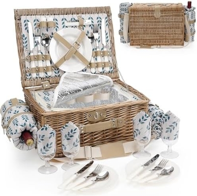 Cesta de picnic con tapa y mango cuerpo tejido resistente con revestimiento lavable para Pascua, Día de la Madre, Camping al aire libre