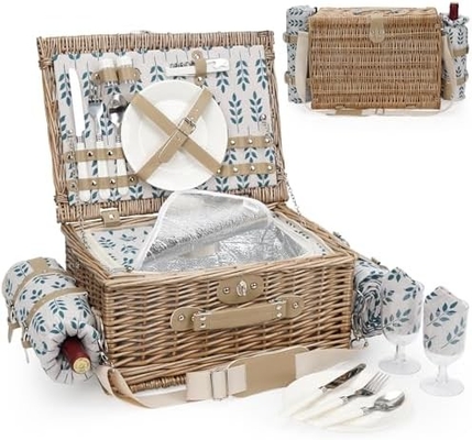 Cesta de picnic con tapa y mango cuerpo tejido resistente con revestimiento lavable para Pascua, Día de la Madre, Camping al aire libre