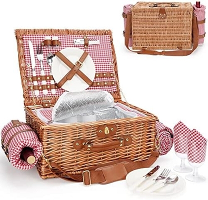 Cesta de picnic con tapa y mango cuerpo tejido resistente con revestimiento lavable para Pascua, Día de la Madre, Camping al aire libre
