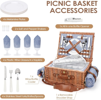 Cesta de picnic con tapa y mango cuerpo tejido resistente con revestimiento lavable para Pascua, Día de la Madre, Camping al aire libre