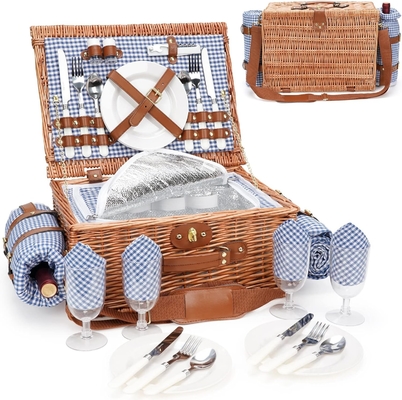 Cesta de picnic con tapa y mango cuerpo tejido resistente con revestimiento lavable para Pascua, Día de la Madre, Camping al aire libre
