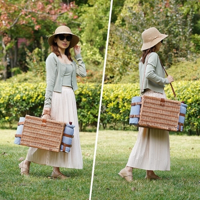 Cesta de picnic con tapa y mango cuerpo tejido resistente con revestimiento lavable para Pascua, Día de la Madre, Camping al aire libre
