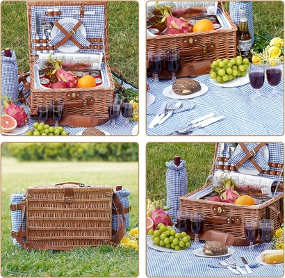 Cesta de picnic con tapa y mango cuerpo tejido resistente con revestimiento lavable para Pascua, Día de la Madre, Camping al aire libre