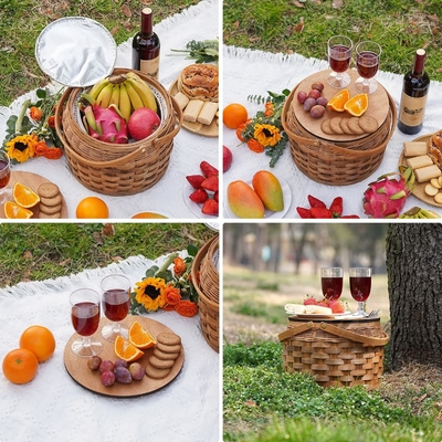 Cestas de picnic pequeñas con refrigerador aislado, Cestas de picnic para 2 personas, Cestas de madera, incluidos 2 conjuntos