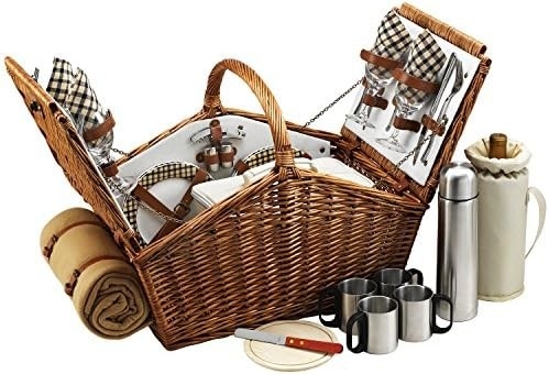Picnic en Ascot Huntsman Cesta de picnic de estilo inglés Willow con servicio para 4, Set de café y manta- Diseñado,