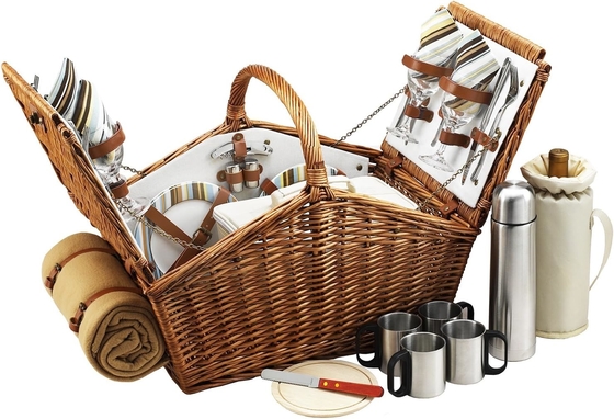Picnic en Ascot Huntsman Cesta de picnic de estilo inglés Willow con servicio para 4, Set de café y manta- Diseñado,