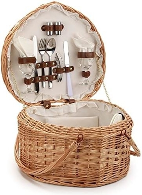 Cestión de picnic para 2 personas en forma de corazón en picnic en forma vacía tejida de mimbre de sauce de madera de mochila de bolsa de bolso con mango de tapa de tapa