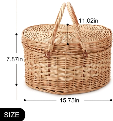 Cestión de picnic para 2 personas en forma de corazón en picnic en forma vacía tejida de mimbre de sauce de madera de mochila de bolsa de bolso con mango de tapa de tapa