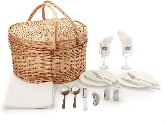 Cestión de picnic para 2 personas en forma de corazón en picnic en forma vacía tejida de mimbre de sauce de madera de mochila de bolsa de bolso con mango de tapa de tapa