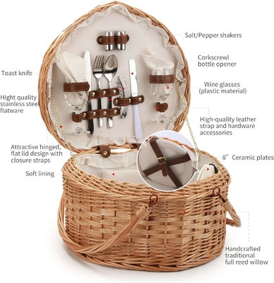 Cestión de picnic para 2 personas en forma de corazón en picnic en forma vacía tejida de mimbre de sauce de madera de mochila de bolsa de bolso con mango de tapa de tapa