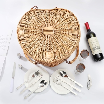 Cestión de picnic para 2 personas en forma de corazón en picnic en forma vacía tejida de mimbre de sauce de madera de mochila de bolsa de bolso con mango de tapa de tapa