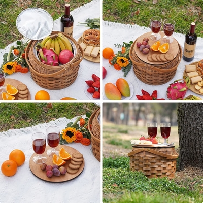 Cestas de picnic pequeñas con refrigerador aislado, Cestas de picnic para 2 personas, Cestas de madera,