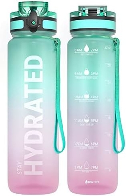 Botella de agua de deportes motivacional de 32 onzas con marcador de tiempo - Tiempos para beber - Tritán, libre de BPA, boca ancha a prueba de fugas,