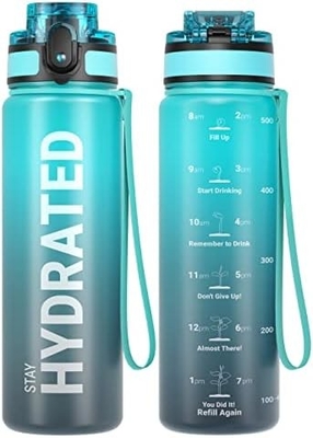 Botella de agua de deportes motivacional de 32 onzas con marcador de tiempo - Tiempos para beber - Tritán, libre de BPA, boca ancha a prueba de fugas,