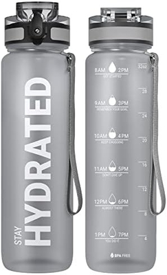 Botella de agua de deportes motivacional de 32 onzas con marcador de tiempo - Tiempos para beber - Tritán, libre de BPA, boca ancha a prueba de fugas,