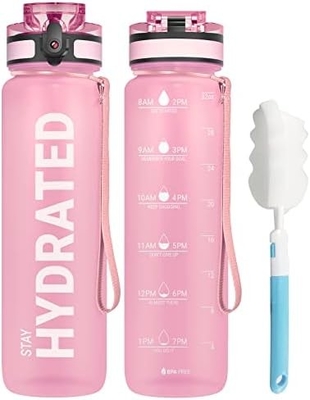 Botella de agua de deportes motivacional de 32 onzas con marcador de tiempo - Tiempos para beber - Tritán, libre de BPA, boca ancha a prueba de fugas,