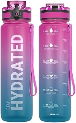 Botella de agua de deportes motivacional de 32 onzas con marcador de tiempo - Tiempos para beber - Tritán, libre de BPA, boca ancha a prueba de fugas,