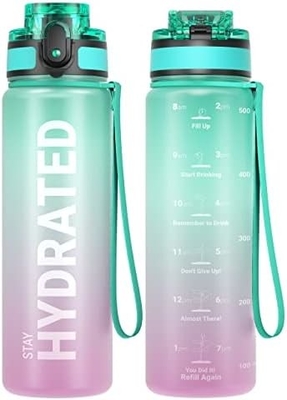 Botella de agua de deportes motivacional de 32 onzas con marcador de tiempo - Tiempos para beber - Tritán, libre de BPA, boca ancha a prueba de fugas,