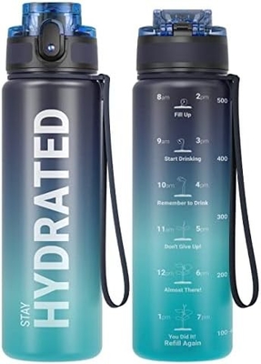 Botella de agua de deportes motivacional de 32 onzas con marcador de tiempo - Tiempos para beber - Tritán, libre de BPA, boca ancha a prueba de fugas,