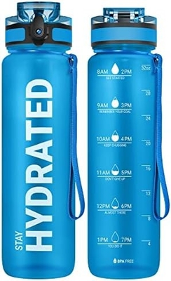 Botella de agua de deportes motivacional de 32 onzas con marcador de tiempo - Tiempos para beber - Tritán, libre de BPA, boca ancha a prueba de fugas,