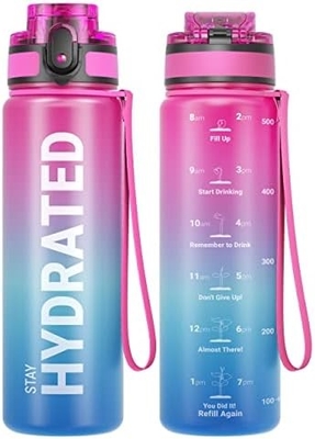 Botella de agua de deportes motivacional de 32 onzas con marcador de tiempo - Tiempos para beber - Tritán, libre de BPA, boca ancha a prueba de fugas,