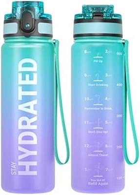 Botella de agua de deportes motivacional de 32 onzas con marcador de tiempo - Tiempos para beber - Tritán, libre de BPA, boca ancha a prueba de fugas,