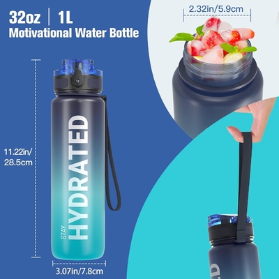 Botella de agua de deportes motivacional de 32 onzas con marcador de tiempo - Tiempos para beber - Tritán, libre de BPA, boca ancha a prueba de fugas,