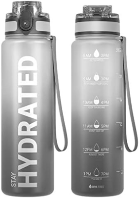 Botella de agua de deportes motivacional de 32 onzas con marcador de tiempo - Tiempos para beber - Tritán, libre de BPA, boca ancha a prueba de fugas,