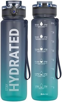 Botella de agua de deportes motivacional de 32 onzas con marcador de tiempo - Tiempos para beber - Tritán, libre de BPA, boca ancha a prueba de fugas,
