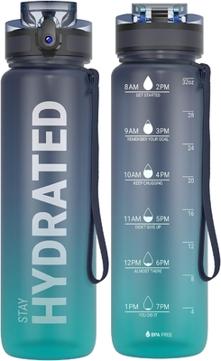 Botella de agua de deportes motivacional de 32 onzas con marcador de tiempo - Tiempos para beber - Tritán, libre de BPA, boca ancha a prueba de fugas,