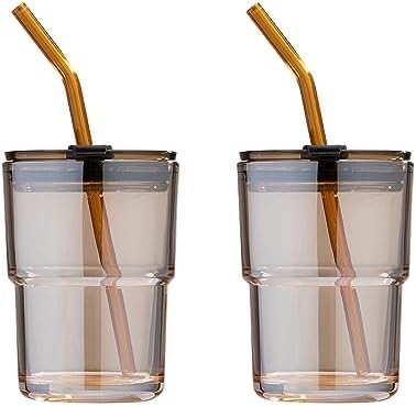 13 oz/400 ml de vaso de agua de tumbler, tazas con paja y tapa sellada llevar para el café, té helado, grueso de pared aislado de vidrio