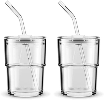 13 oz/400 ml de vaso de agua de tumbler, tazas con paja y tapa sellada llevar para el café, té helado, grueso de pared aislado de vidrio
