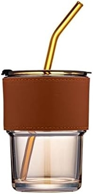 13 oz/400 ml de vaso de agua de tumbler, tazas con paja y tapa sellada llevar para el café, té helado, grueso de pared aislado de vidrio