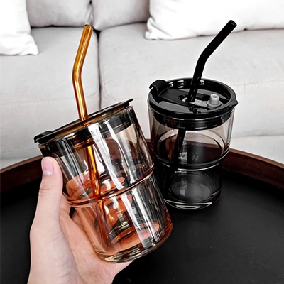 13 oz/400 ml de vaso de agua de tumbler, tazas con paja y tapa sellada llevar para el café, té helado, grueso de pared aislado de vidrio