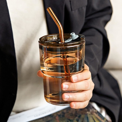 13 oz/400 ml de vaso de agua de tumbler, tazas con paja y tapa sellada llevar para el café, té helado, grueso de pared aislado de vidrio